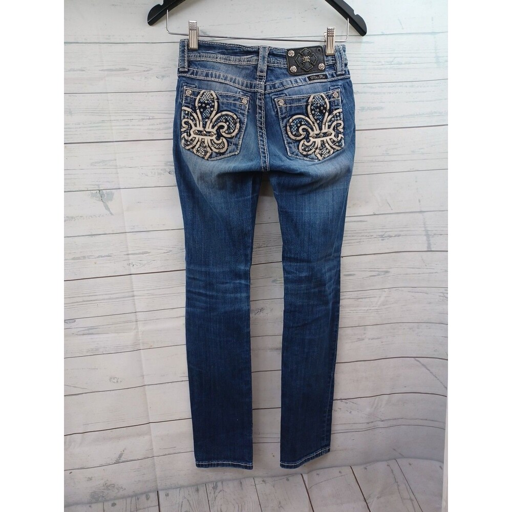 Miss Me Jean Girls 14 Skinny Fleur De Lis Embellished Stretch Western Denim Blue